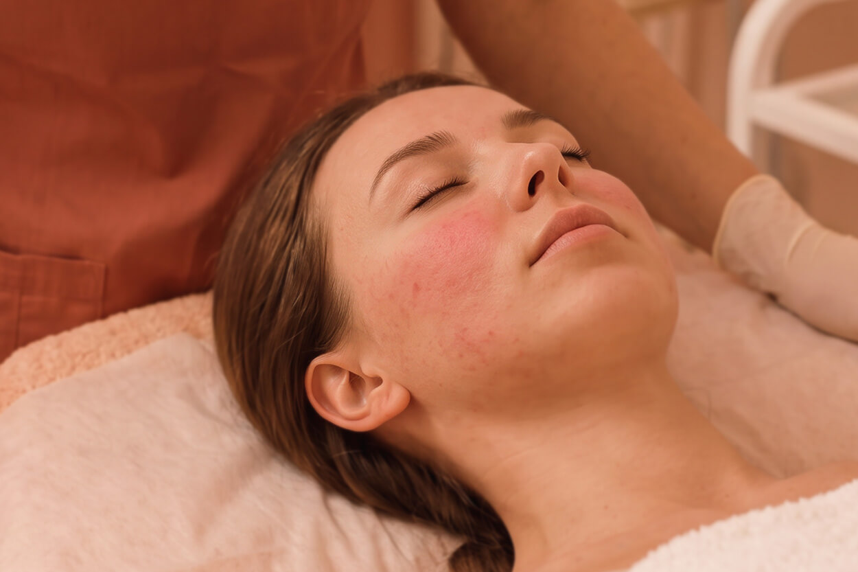 Frau mit von Rosacea geröteten Wangen liegt auf einer dermatologischen Behandlungsliege