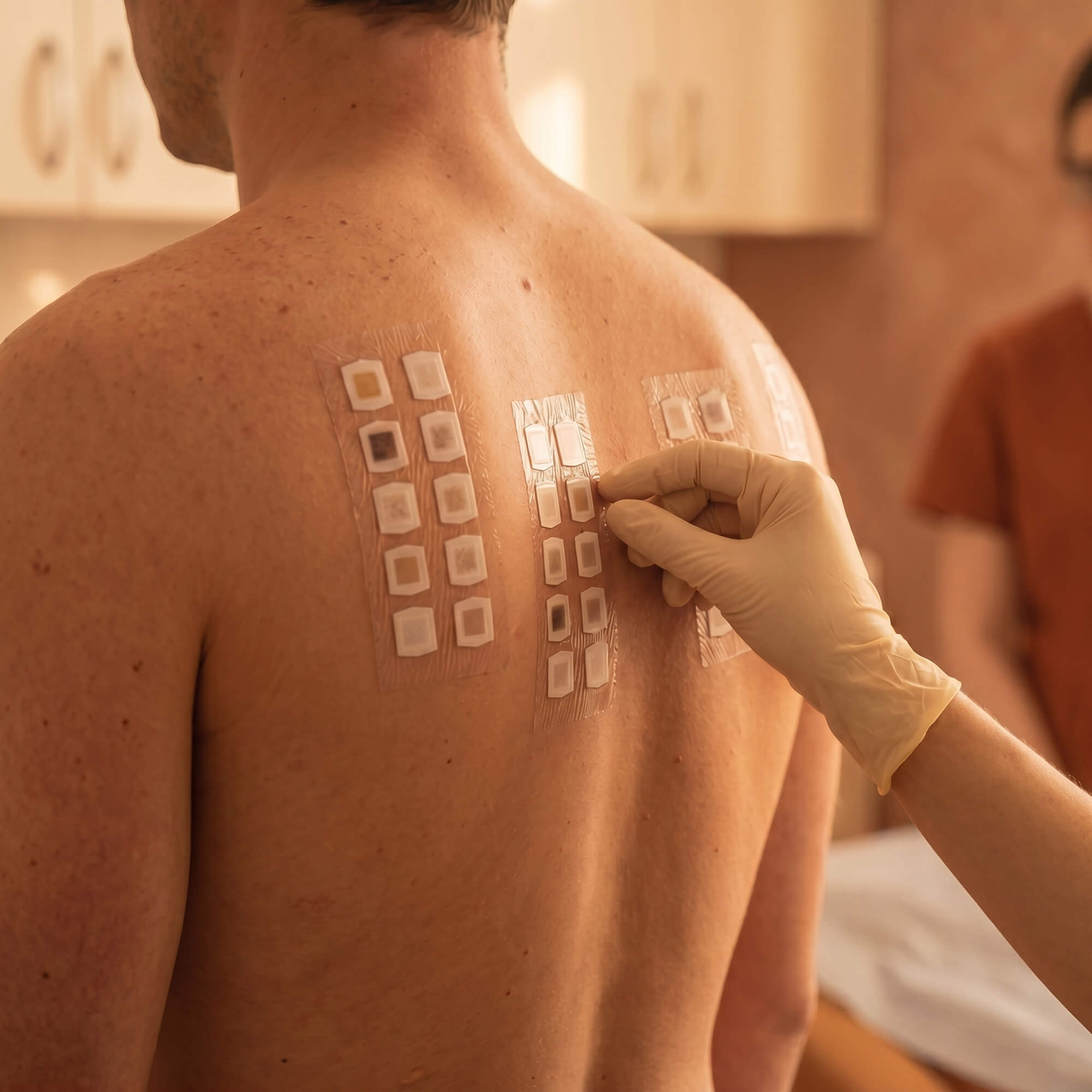 Rücken eines Mannes mit mehreren allergischen Pflastertests, eine Hand mit Einmalhandschuhen berührt einen der Pflaster