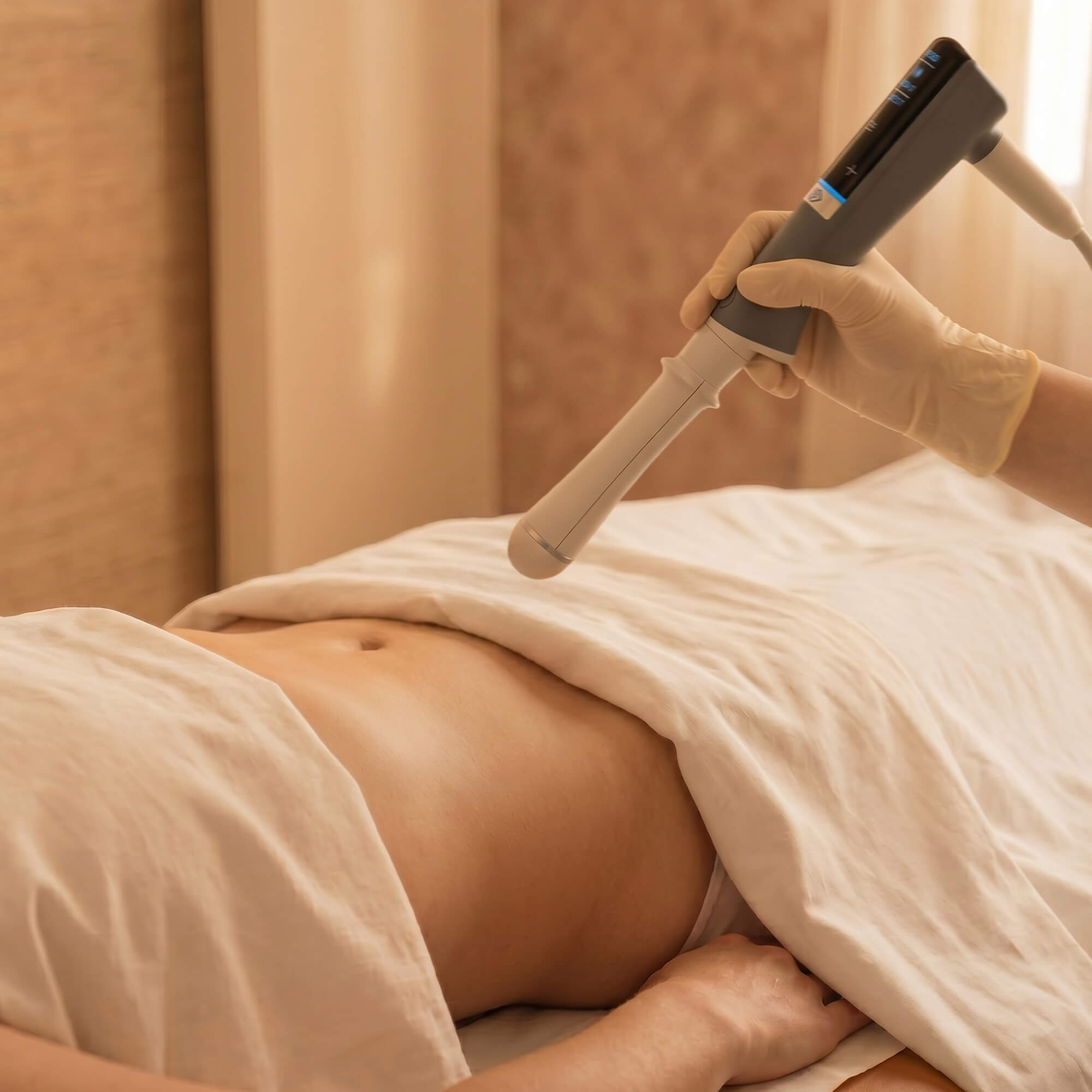 Hand mit Handschuh hält ein medizinisches Gerät über den Bauch einer liegenden Person