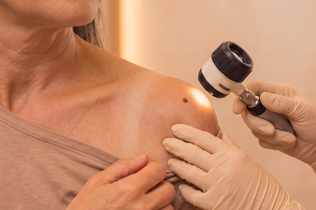 Nahaufnahme einer dermatoskopischen Untersuchung eines Muttermals auf der Schulter einer älteren Frau